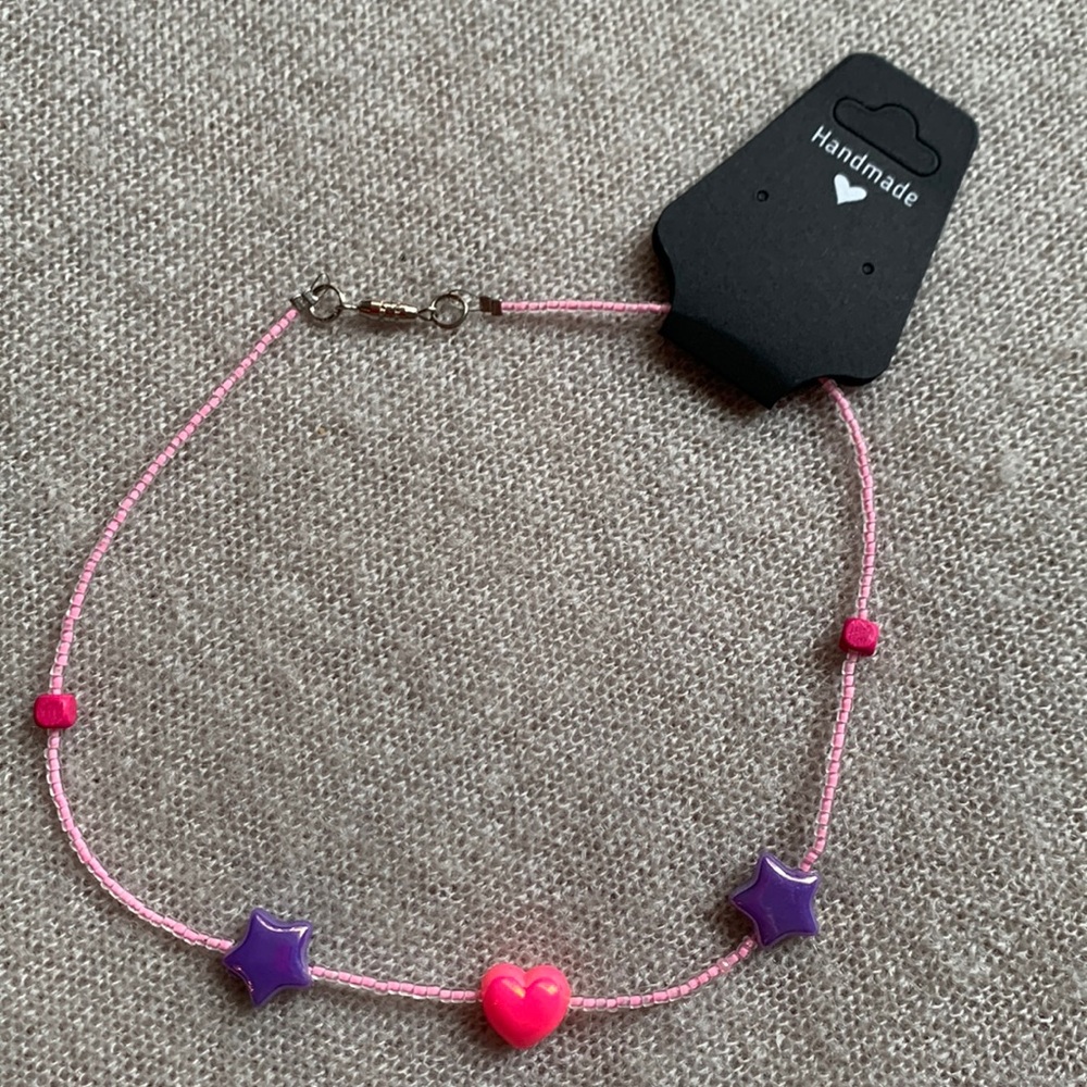 3x25$ 💝⭐️💕 Handmade - Short necklace Pink beads neon pink heart purple stars